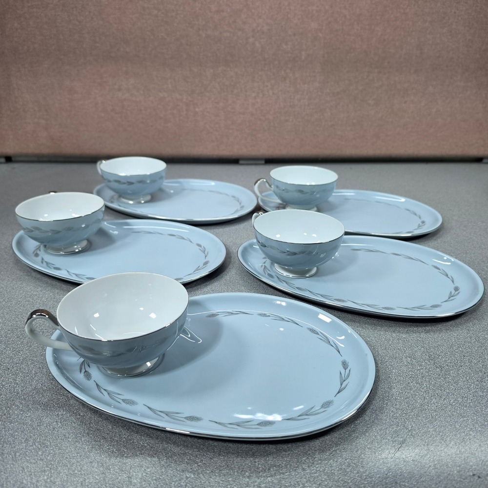 Seyei China Snack Plate Cup Set 5pc Blue Silver Wheat 3282 Nagoya Japan Exc
